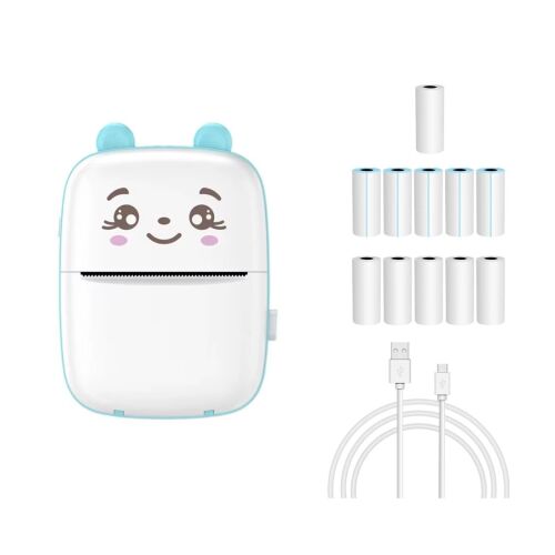 Комплект мини термичен принтер и 10 хартиени ролки 57x25 мм, zggzerg, Bluetooth, iOS/Android съвместим, APP печат, 1200 mAh, 200DPI, бяло/синьо 120721601