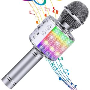 Silbernes Karaoke-Mikrofon mit bunten Lichtern für Kinder, Bluetooth-Lautsprecher, Aufnahme und Karaoke-Apps - Mikrofone