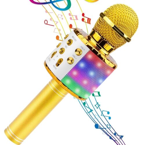 Arany vezeték nélküli karaoke mikrofon beépített hangszóróval és LED lámpákkal