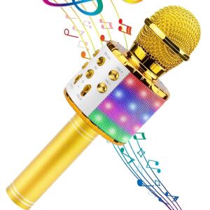 Goldenes kabelloses Karaoke-Mikrofon mit eingebautem Lautsprecher und LED-Leuchten - Mikrofone