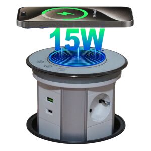 ATOMKIT® egy visszahúzható beépített aljzat, 15 W vezeték nélküli töltés, 3 aljzat, 2 USB port, 1,5 M kábel, IP65 védelem, kompakt, modern és elegáns design, irodai vagy konyhai telepítés, mo 120724910 - Lámpa & Világítás