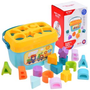 HUANGER Baby's First Blocks Set de 16 blocuri de construcție educative cu găleată, litere și forme, pentru bebeluși și preșcolari - Jocuri de sortare a formelor