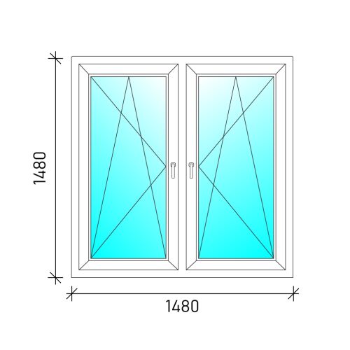 Műszaki rajz egy 150x150 cm-es, osztott tokos, kétszárnyú, nyíló-bukó műanyag ablakról - Ablak