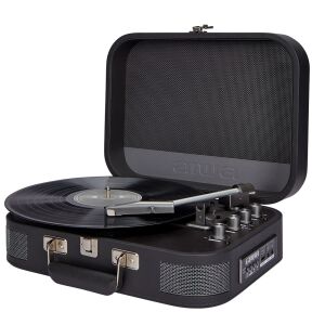 Aiwa VPX-1951TN Vintage Record Player, black suitcase design, open lid, turntable with needle, controls on the front - Turntable