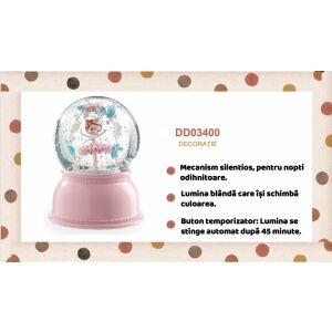 Djeco Lampa nocna Balerina, różowa kula śnieżna z baletnicą w środku, zmieniające kolor światło LED, funkcja timera, idealna na czas snu - Lampka nocna, projektor