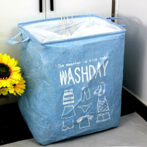 Kék mosókonyha kosár fehér nyomattal, Flippy összecsukható mosókonyha kosár, 72L kapacitás, 30x40x60 cm - Tárolás & Rendszerezés