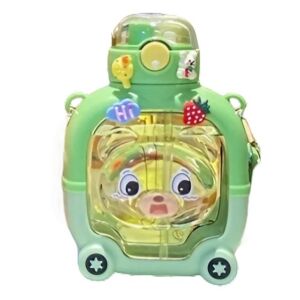 Gyereküveg szívószállal, Flippy, mackó mintás, beosztásos, ragasztott matricákkal, állítható pánttal, cseppálló műanyagból, 1l, Zöld, 20 x 13 cm 120781203 - Flippy