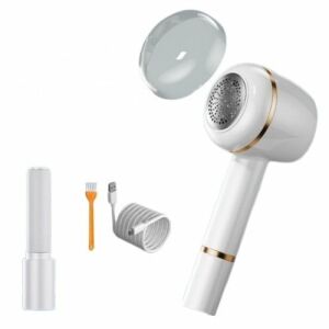 Flippy szösz, haj- és portisztító, különböző típusú szövetekhez, rozsdamentes acél pengékkel, USB Type-C-n keresztül tölthető, tisztítókefével, USB-kábellel és ragasztórúddal.