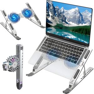 Összecsukható laptopállvány, C9 Pro, BRAGUS, kettős ventilátor, 2 sebesség, RBG világítás, kompatibilis laptopokkal 17 hüvelykig, 7 beállítási fokozat, karcolásgátló, összecsukható, ezüst