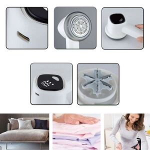 Golarka do tkanin, usuwanie kłaczków, usuwanie zmechaceń, elektryczna, ładowalna, wyświetlacz cyfrowy, biały, zbliżenia, przykłady zastosowań - Wióry tekstylne