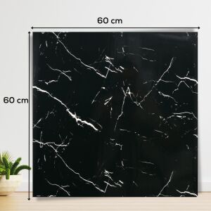 Самозалепваща стенна плочка с мраморен ефект черно-бяло, 60x60cm, водоустойчива, лесна за инсталиране, показваща размер и пример за инсталиране - Декорация