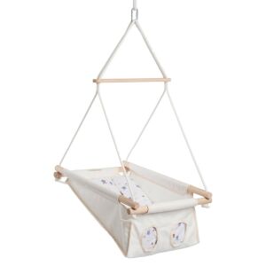 Huśtawka dla niemowląt Chill&Smile, naturalny komfort i bezpieczeństwo, biała tkanina z niebieskim i brązowym wzorem, drewniana rama, wisząca z sufitu - Kryty wózek dziecięcy