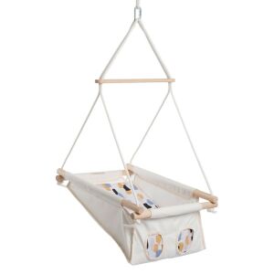 Huśtawka dla niemowląt Chill&Smile, rama z naturalnego drewna, biały materiał bawełniany, kolorowy wzór, dla noworodków i małych dzieci do 3 lat - Kryty wózek dziecięcy