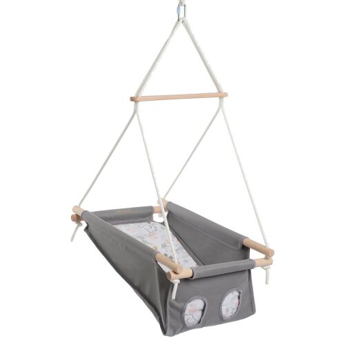 Бебешка люлка Chill and Smile, сива с принт на слон, дървена рамка, висяща от тавана
