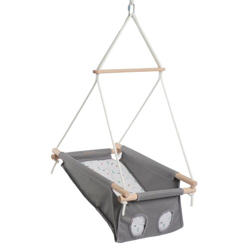 Люлка за бебе Chill&Smile, сива Kincsem, люлка за бебета за вътрешна употреба, рамка от естествено дърво, мека памучна тъкан, предпазен колан, регулируема височина
