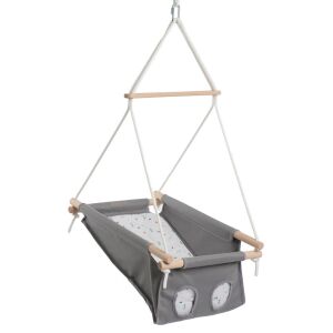 Huśtawka dla niemowląt Chill&Smile, szara Kincsem, huśtawka wewnętrzna dla niemowląt, naturalna drewniana rama, miękka bawełniana tkanina, pas bezpieczeństwa, regulowana wysokość - Kryty wózek dziecięcy