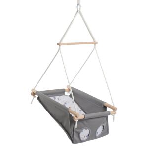 Люлка за бебе Chill&Smile, сива с бял модел, дървена рамка, висяща от тавана - Вътрешна бебешка количка