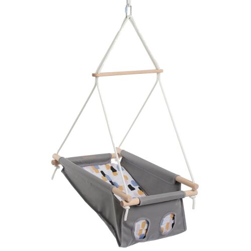 Бебешка люлка Chill&Smile, сива, с дървена рамка и цветен модел