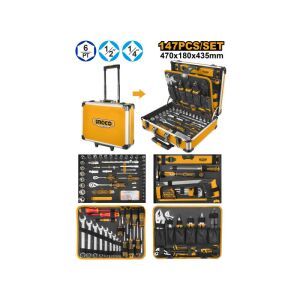 INGCO 147 részes szerszámkészlet görgős kofferban, tartalmaz csavarhúzókat, villáskulcsokat, fogókat, dugókulcsokat és még sok mást - INGCO