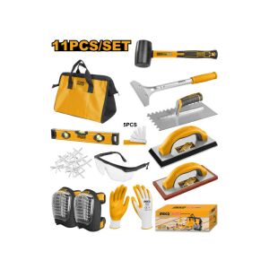 INGCO 11 részes burkoló szett, tartalmaz gumikalapácsot, kaparót, glettvasat, vízmértéket, védőszemüveget, kesztyűt, térdvédőt, fugakeresztet és egy szerszámtáskát - INGCO