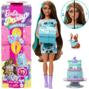 Barbie Party Unboxed set za igru s lutkom, štenetom, tortom i pakiranjem poklon kutije - Mattel