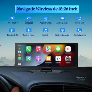 Navigație auto wireless de 10.26 inch cu cameră frontală 4K, CarPlay, Android Auto, Mirror Link, Bluetooth, control vocal, muzică, hărți și navigație, răspuns la apeluri - Unități principale