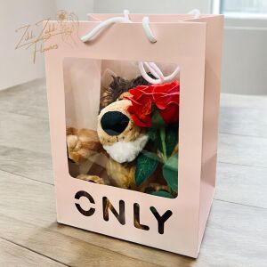 Zikk Zakk Flowers Oroszlánszívű Szerelem ajándéktasak oroszlános plüssfigurával és vörös rózsával - Ajándék ötlet Valentin-napra