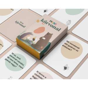 KÖRVONAL mini gra karciana dla dzieci, na pudełku widnieje niedźwiedź, jeż i pszczoły, na kartach znajdują się pytania do rozmów rodzinnych - Gra