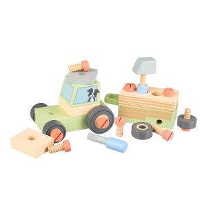 Orange Tree Toys fa traktor és pótkocsi építőjáték gyerekeknek, kutyás mintával, szerszámokkal és csavarokkal az összeszereléshez - Orange Tree Toys