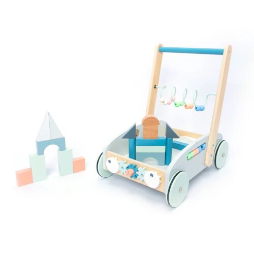 UMU Toys 5 in 1 Cărucior din lemn albastru cu centru de activități, perfect pentru primii pași și aventuri