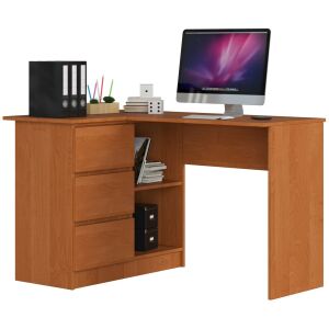 Akord Furniture Factory - Olcsó Sarok Irodaasztal B16 CLP Bal Égerfa, 3 Fiókkal és 2 Polccal, Laminált Lemezből, ABS Szegéllyel, 124x77x85 cm, Profi Összeszerelés, Matt Kivitelezés, Összeszerelésre Kés