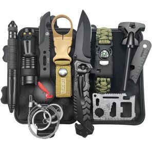 Kit supravietuire multifunctional 13 in 1 KipHome, Instrumente profesionale, agatatoare ghiozdan, pentru Camping, Drumetii, Aventuri in aer liber, borseta inclusa, model cutie, negru 120917310 - Scule multifuncționale
