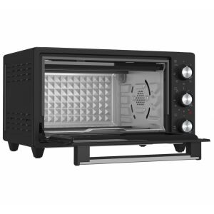 ECG ET 2001B Airfry elektromos sütő, fekete, 20L, 1500W, 80-250°C, 90 perces időzítő, 7 előre beállított funkció, konvekció, oldalnézet, nyitott ajtó - Sütő