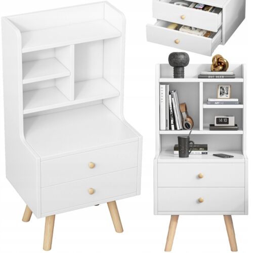 Koláž škandinávskeho nočného stolíka s knižnicou a dvomi zásuvkami