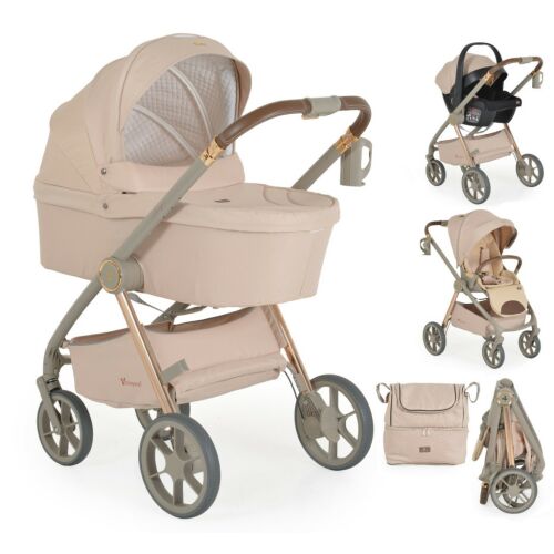Cangaroo Unique 3 az 1-ben bézs babakocsi mózeskosárral, autósüléssel és kiegészítőkkel