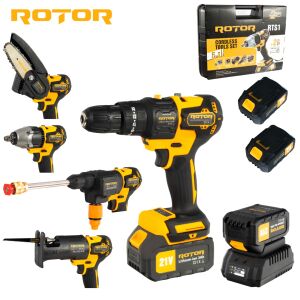 ROTOR RTS1 5 az 1-ben akkumulátoros szerszámkészlet, tartalmaz fúrót, ütvecsavarozót, fűrészt, láncfűrészt és mosót - Rotor