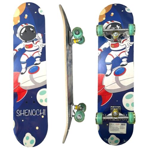 80 cm-es fa gördeszka, alumínium ötvözet váz, maximális súly 70 kg, űrhajós modell, kék