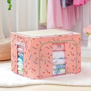 Flippy Faltbarer Aufbewahrungskasten mit Kirschendruck, 24L, Oxford-Gewebe, 40x30x20 cm, Frontfenster, 2 Zugangstüren mit bidirektionalem Reißverschluss, Metallrahmen, Stabiler Kunststoff-Sockel - Lagerung & Organisation