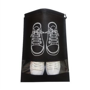 Fekete cipő tároló zsák húzózsinórral, átlátszó ablakkal és fehér cipő vázlattal - Cipővédő