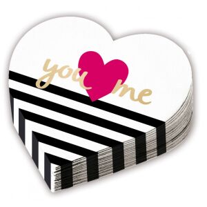 Love Everyday szív alakú szalvéták, 12 darabos csomag, fekete-fehér csíkos mintával, 'you' és 'me' felirattal - Szalvéta