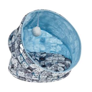 Leżanka dla kota z wzorem kocich twarzy, niebieska i szara, z wiszącą piłką - Legowisko dla kota