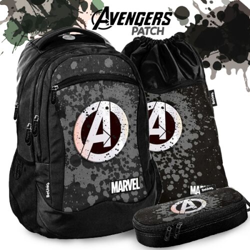 Paso Avengers iskolatáska szett tolltartóval és tornazsákkal, fekete szürke festékfoltokkal és Avengers logóval, Marvel - Iskolatáska szett
