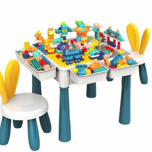 Pepita Multifunctional Building Table with 2 Chairs and Building Blocks - Blue and Yellow