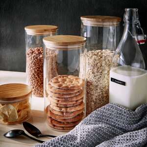 WOODLOCK üveg tároló edények bambusz fedővel, 4 db-os készlet, élelmiszerek, snack-ek és száraz áruk tárolására - Ételtárolás