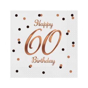 B&C Wesołych Urodzin 60. Urodzinowe Serwetki, Białe z Różowym Złotym 60 i Konfetti, 20 Opakowań - Serwetki