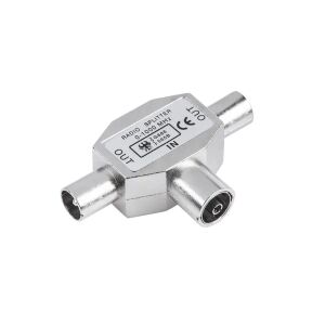 TV koaxiális T-elosztó, 1x aljzat anya – 2x dugó apa, fém, 5-1000 MHz 121009770 - Koax csatlakozó