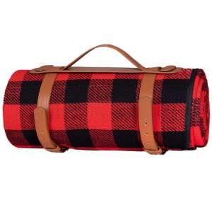 Springos red and black checkered picnic blanket with leather handle and straps - Picnic blanket