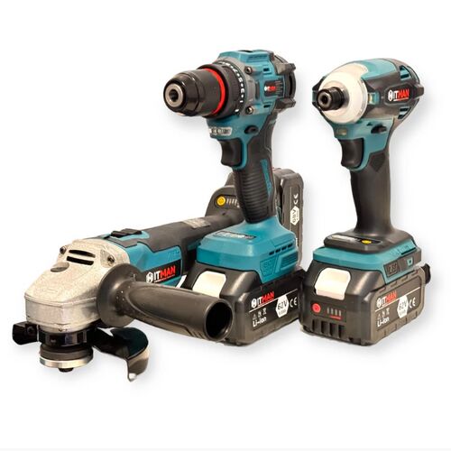 Hitman 3 részes akkus szerszámkészlet, 62V, tartalmaz fúrót, ütvecsavarozót és sarokcsiszolót