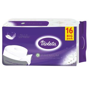 Violeta Premium 3-слойна тоалетна хартия, 16 ролки, бяла, мека и абсорбираща - Violeta