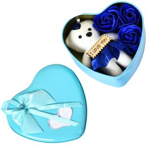 S DEPOT® szív alakú díszdoboz, különleges alkalmakra, mackóval és rózsákkal, kék